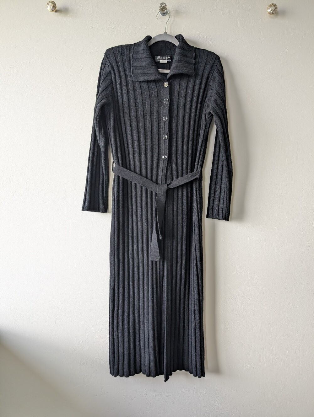 Vintage Spago Black Long Ribbed Button-Front Maxi Dress Cover-Up Cardigan Size L
